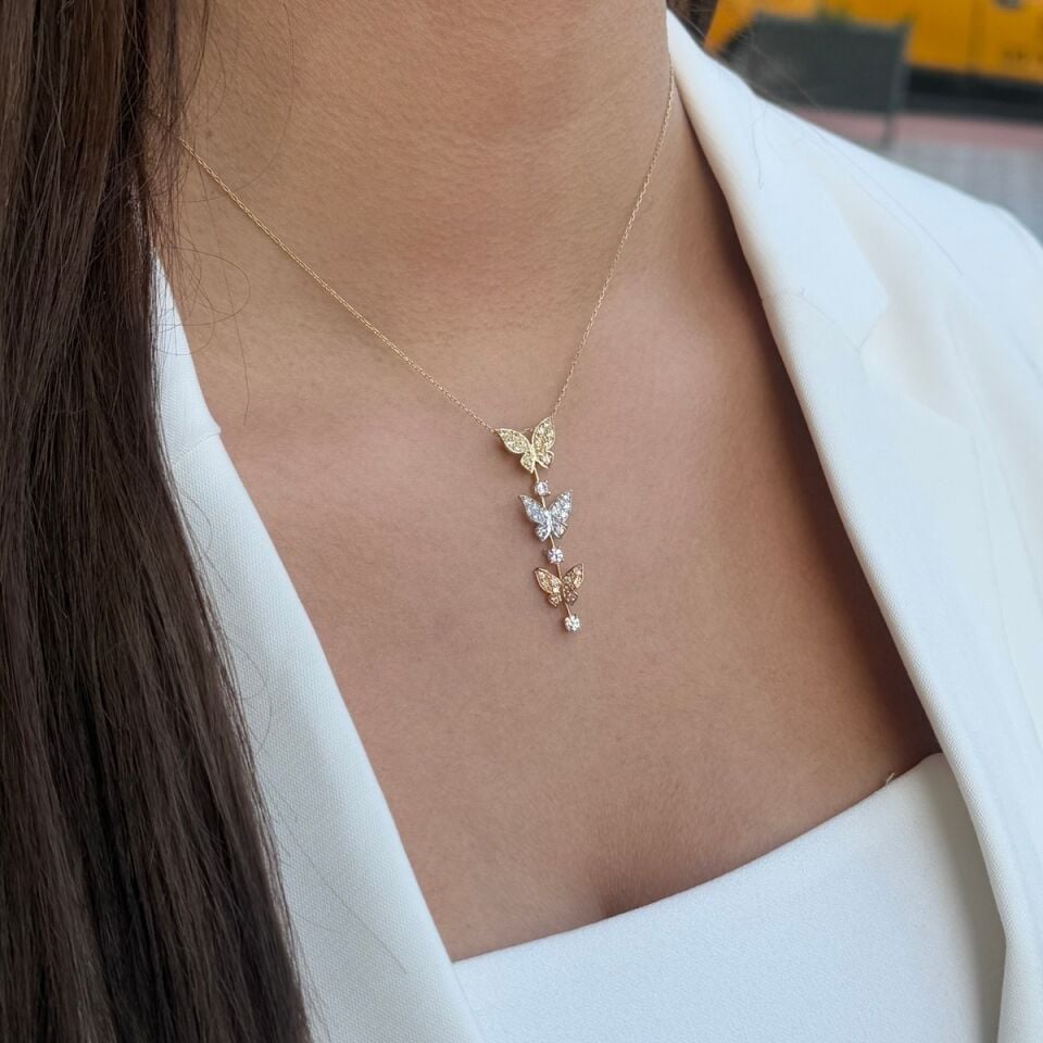 14 AYAR ÜÇ KELEBEK TASARIM ALTIN KOLYE