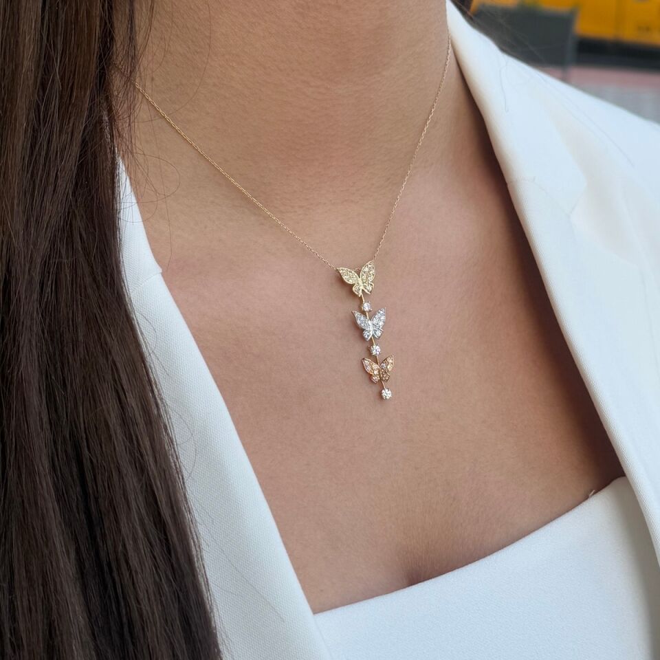 14 AYAR ÜÇ KELEBEK TASARIM ALTIN KOLYE