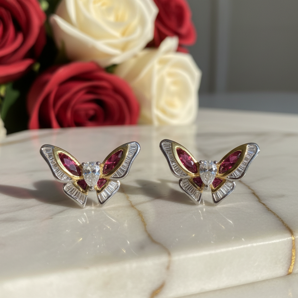 18 AYAR İTALYAN MODEL 0,71 CT PIRLANTA TAŞLI 1,24 CT YAKUT TAŞLI KELEBEK KÜPE