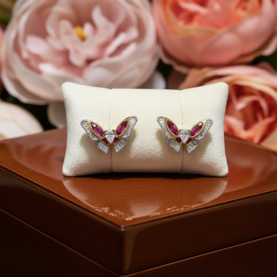 18 AYAR İTALYAN MODEL 0,71 CT PIRLANTA TAŞLI 1,24 CT YAKUT TAŞLI KELEBEK KÜPE