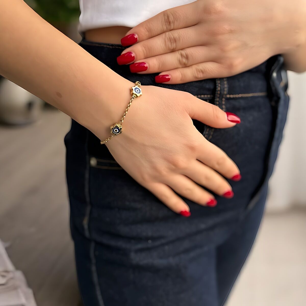 14 Ayar Çiçek Nazar Boncuklu Altın Bileklik