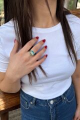 22 AYAR ÖZEL TASARIM TURKUAZ MİNELİ GÖZ YÜZÜK 16