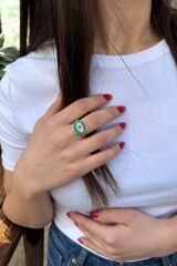 22 AYAR ÖZEL TASARIM TURKUAZ MİNELİ GÖZ YÜZÜK 16