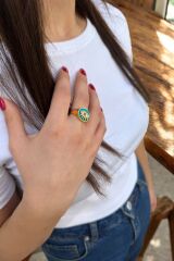 22 AYAR ÖZEL TASARIM TURKUAZ MİNELİ GÖZ YÜZÜK 17