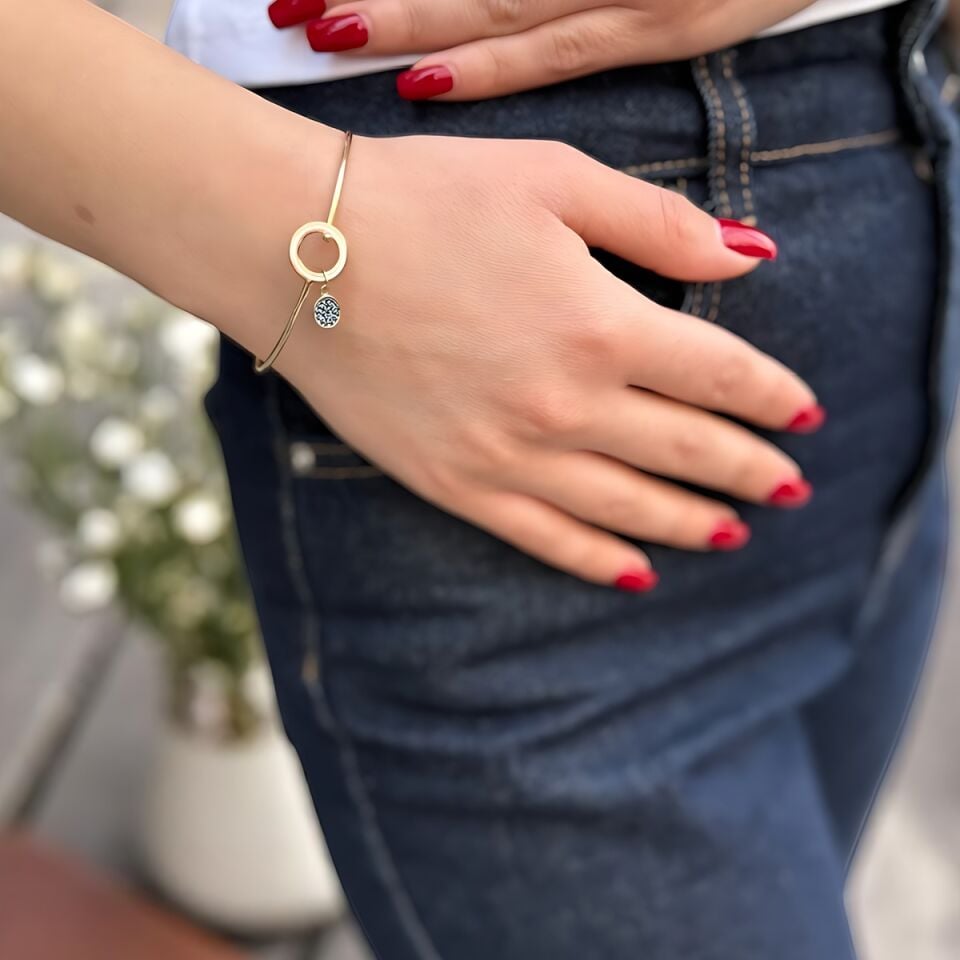 14 Ayar London Blue Taşlı Beyaz Mineli Minimal Altın Bilezik