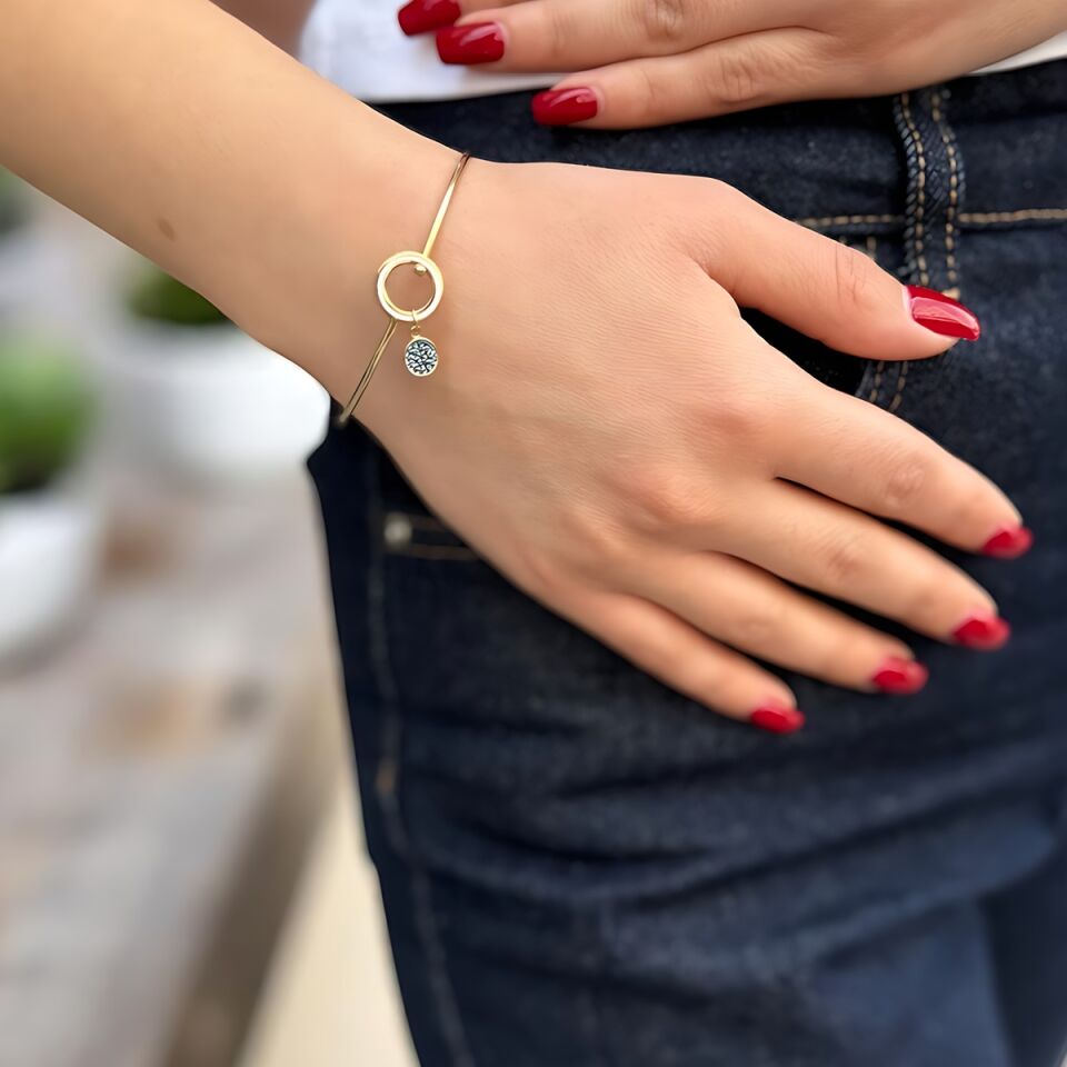 14 Ayar London Blue Taşlı Beyaz Mineli Minimal Altın Bilezik