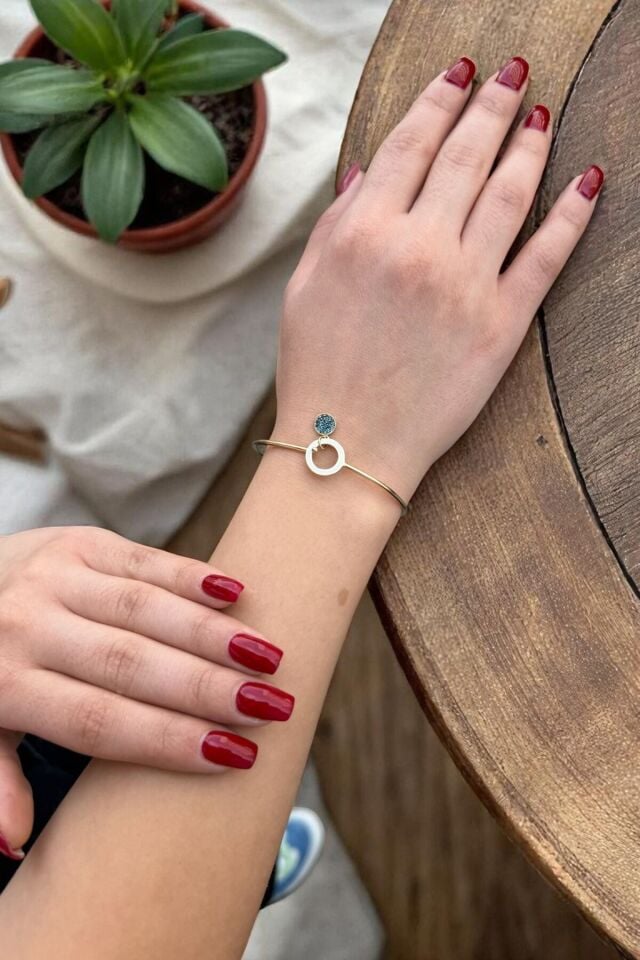 14 Ayar London Blue Taşlı Beyaz Mineli Minimal Altın Bilezik