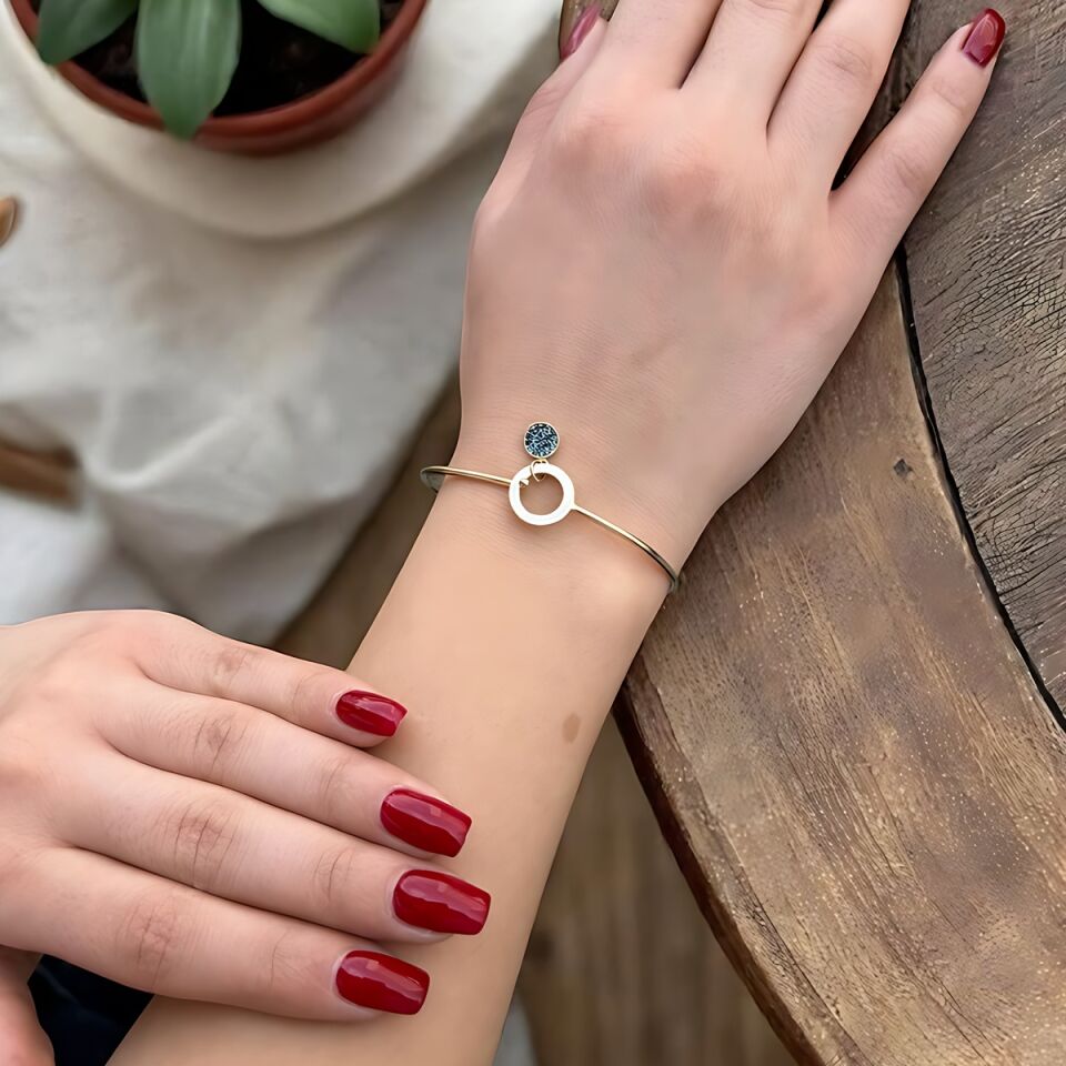 14 Ayar London Blue Taşlı Beyaz Mineli Minimal Altın Bilezik