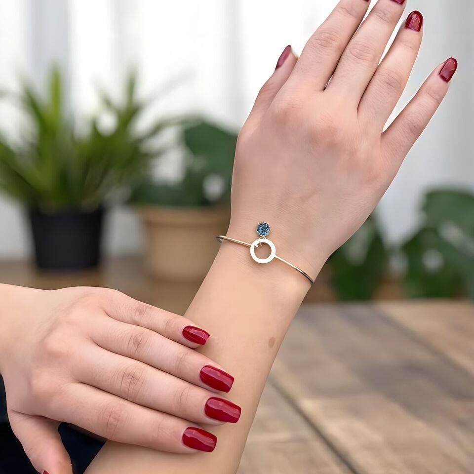 14 Ayar London Blue Taşlı Beyaz Mineli Minimal Altın Bilezik