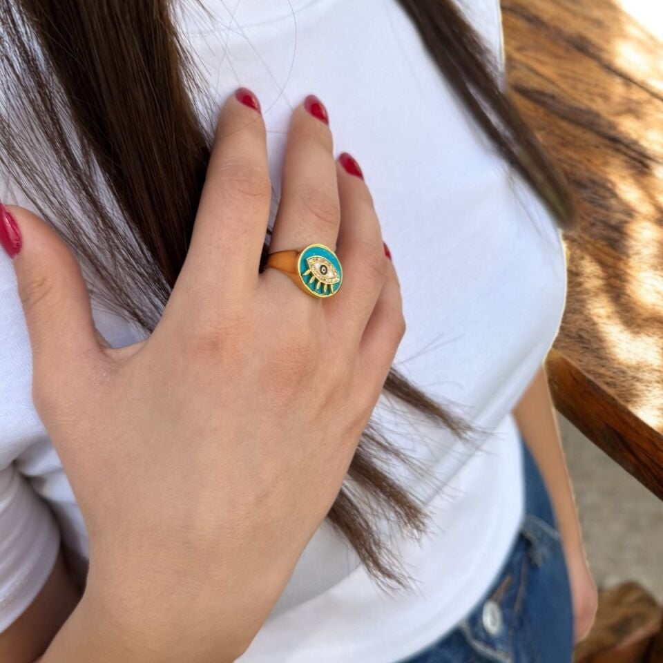 22 AYAR ÖZEL TASARIM TURKUAZ MİNELİ GÖZ YÜZÜK