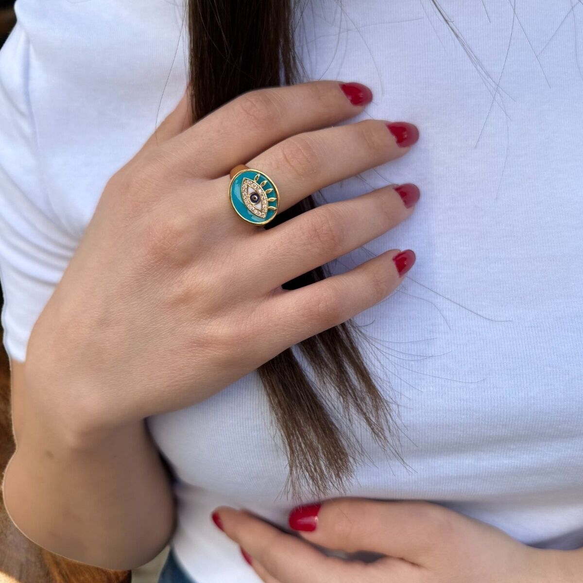 22 AYAR ÖZEL TASARIM TURKUAZ MİNELİ GÖZ YÜZÜK