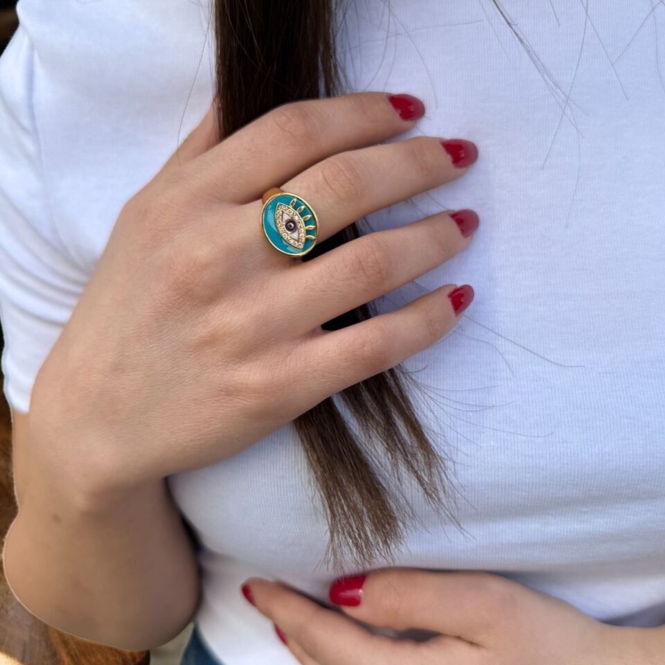 22 AYAR ÖZEL TASARIM TURKUAZ MİNELİ GÖZ YÜZÜK