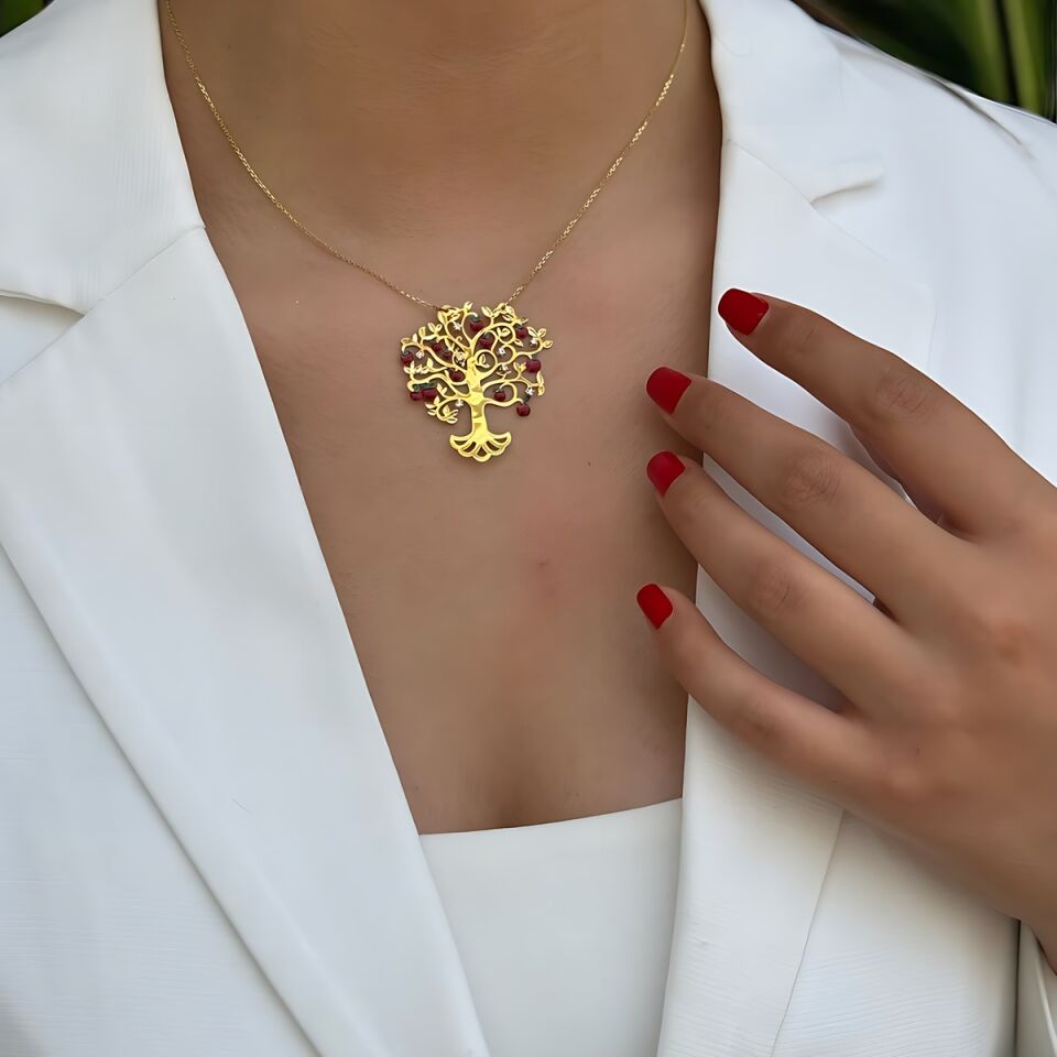 14 Ayar Elma Ağacı Mineli Tasarım Italyan Altın Kolye