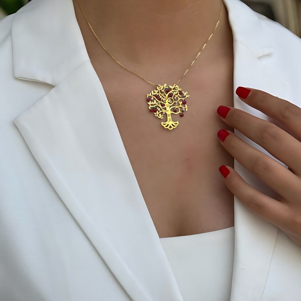 14 Ayar Elma Ağacı Mineli Tasarım Italyan Altın Kolye