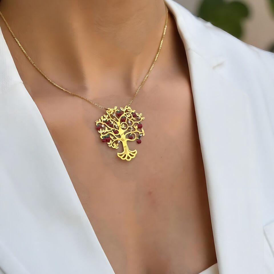 14 Ayar Elma Ağacı Mineli Tasarım Italyan Altın Kolye