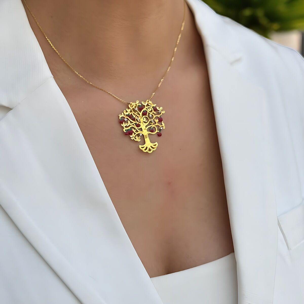 14 Ayar Elma Ağacı Mineli Tasarım Italyan Altın Kolye