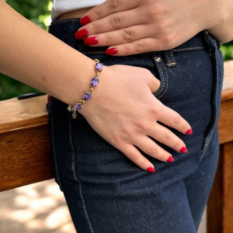 14 AYAR KRİSTAL AMETİST TAŞLI ALTIN BİLEKLİK