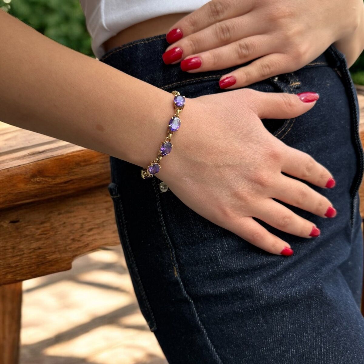 14 AYAR KRİSTAL AMETİST TAŞLI ALTIN BİLEKLİK