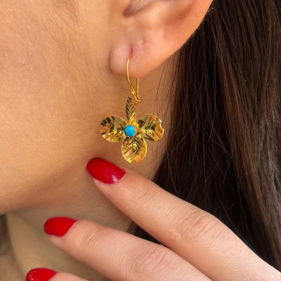 22 AYAR FİRUZE TAŞLI ÖZEL TASARIM LOTUS KÜPE