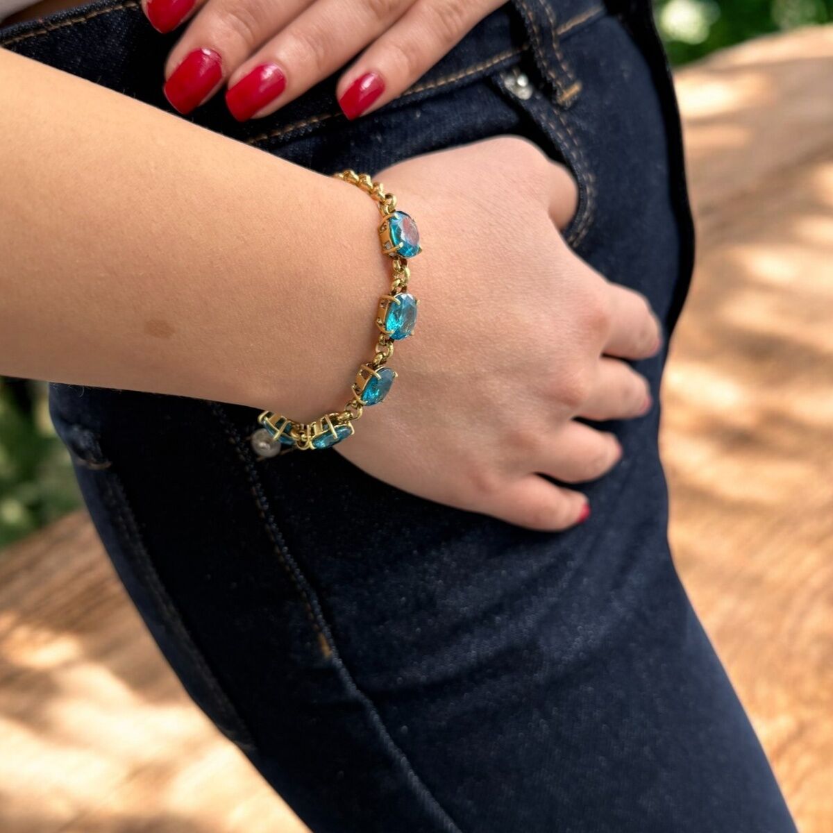 14 AYAR BEŞ KRİSTAL BLUE TOPAZ TAŞLI ALTIN BİLEKLİK