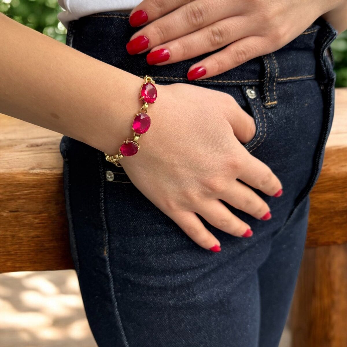 14 AYAR KRİSTAL YAKUT RENGİ TAŞLI ALTIN BİLEKLİK