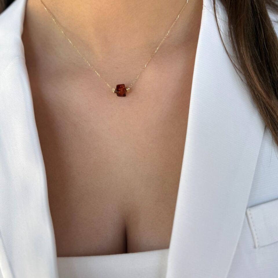 14 Ayar Orjinal Küp Kehribar Altın Kolye