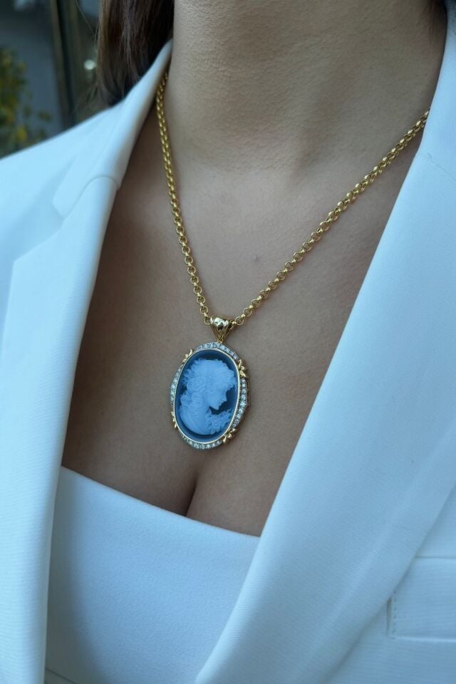14 AYAR ÖZEL TASARIM CAMEO TAŞLI ALTIN KOLYE