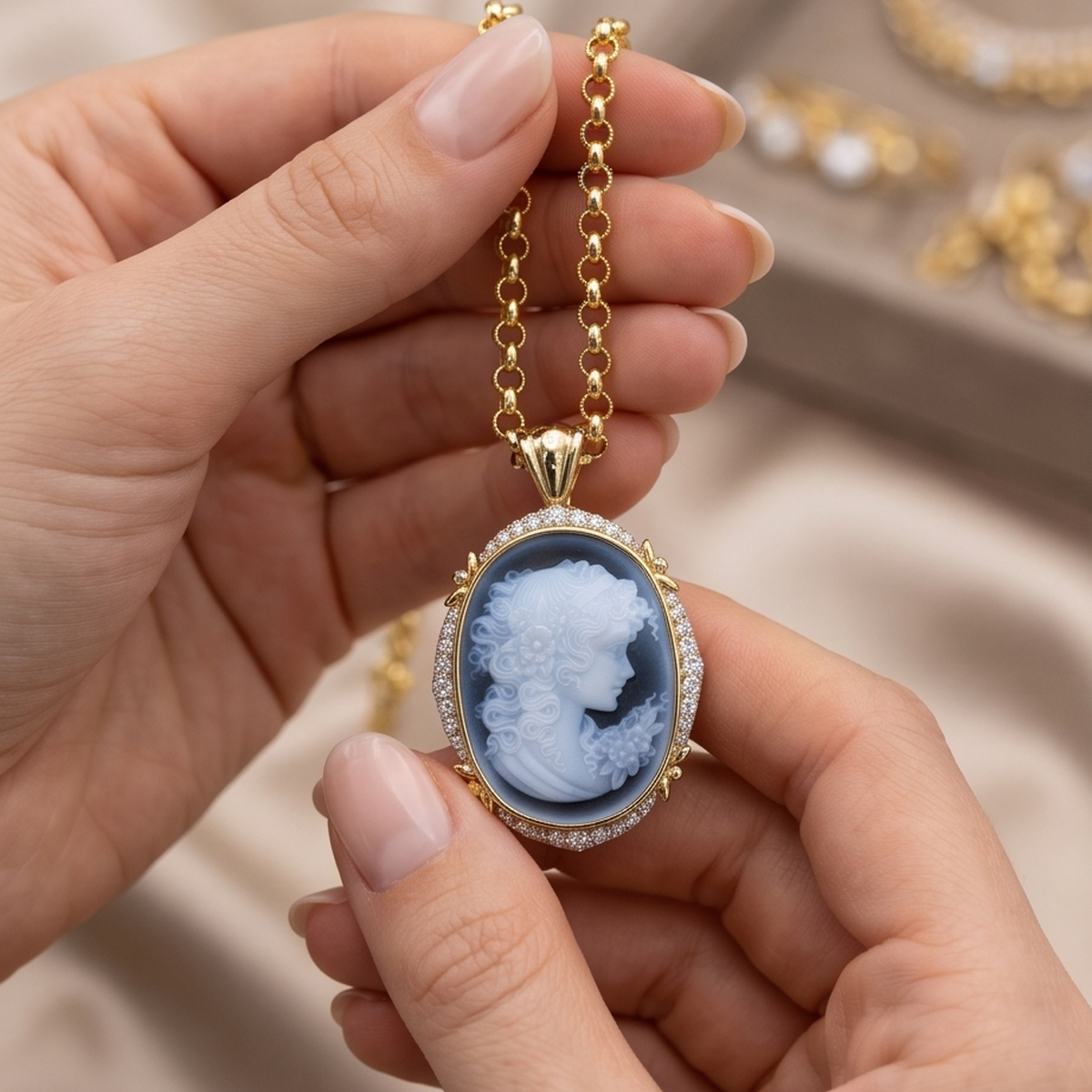 14 AYAR ÖZEL TASARIM CAMEO TAŞLI ALTIN KOLYE