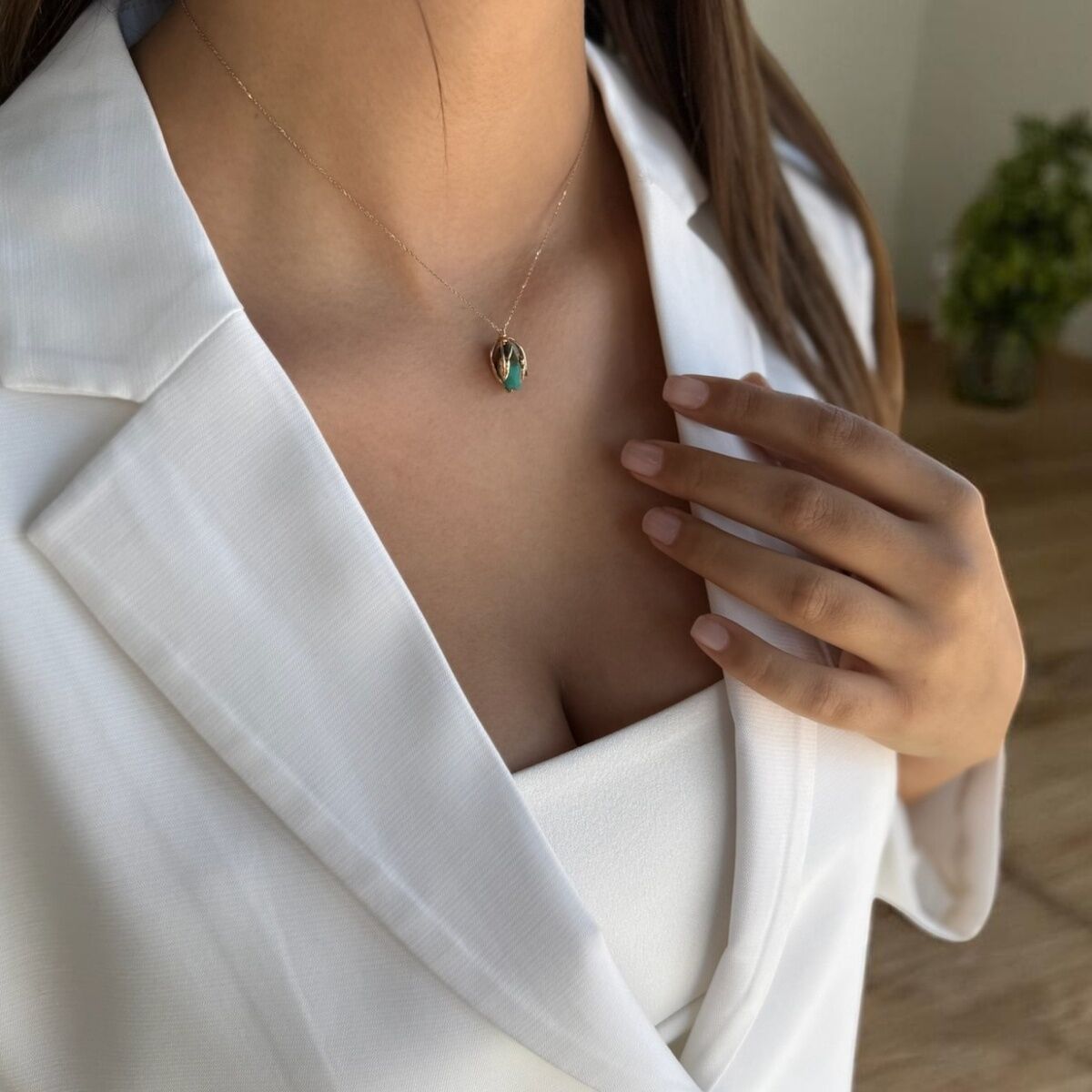 14 AYAR ROSE RENGİ ÖZEL TASARIM FİRUZE TAŞLI ALTIN KOLYE