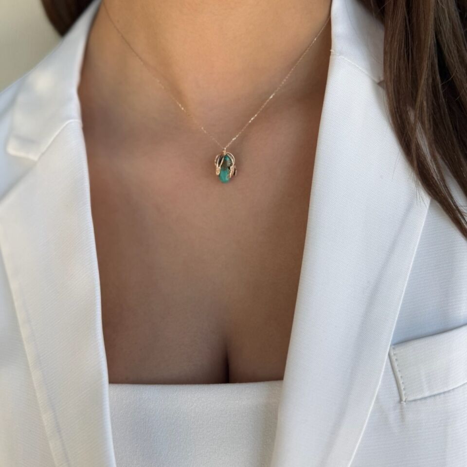 14 AYAR ROSE RENGİ ÖZEL TASARIM FİRUZE TAŞLI ALTIN KOLYE