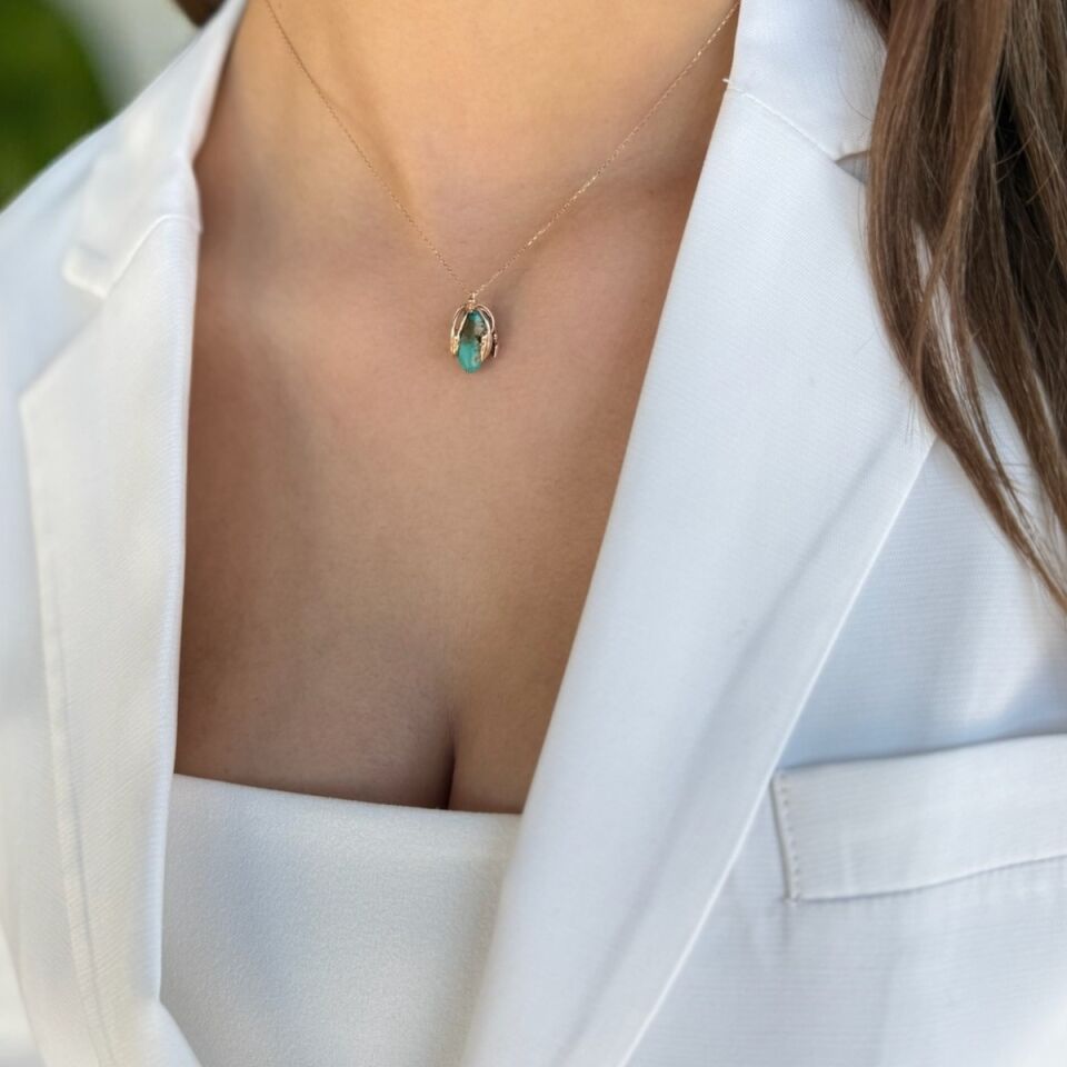 14 AYAR ROSE RENGİ ÖZEL TASARIM FİRUZE TAŞLI ALTIN KOLYE