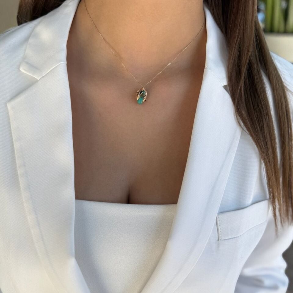 14 AYAR ROSE RENGİ ÖZEL TASARIM FİRUZE TAŞLI ALTIN KOLYE