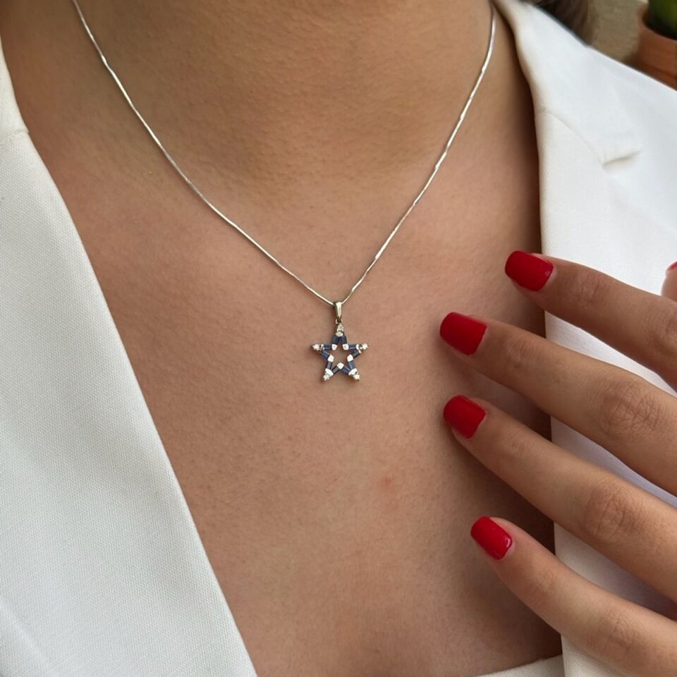 14 AYAR 0,29 CT SAFİR, 0,12 CT PIRLANTA TAŞLI ÖZEL TASARIM YILDIZ KOLYE