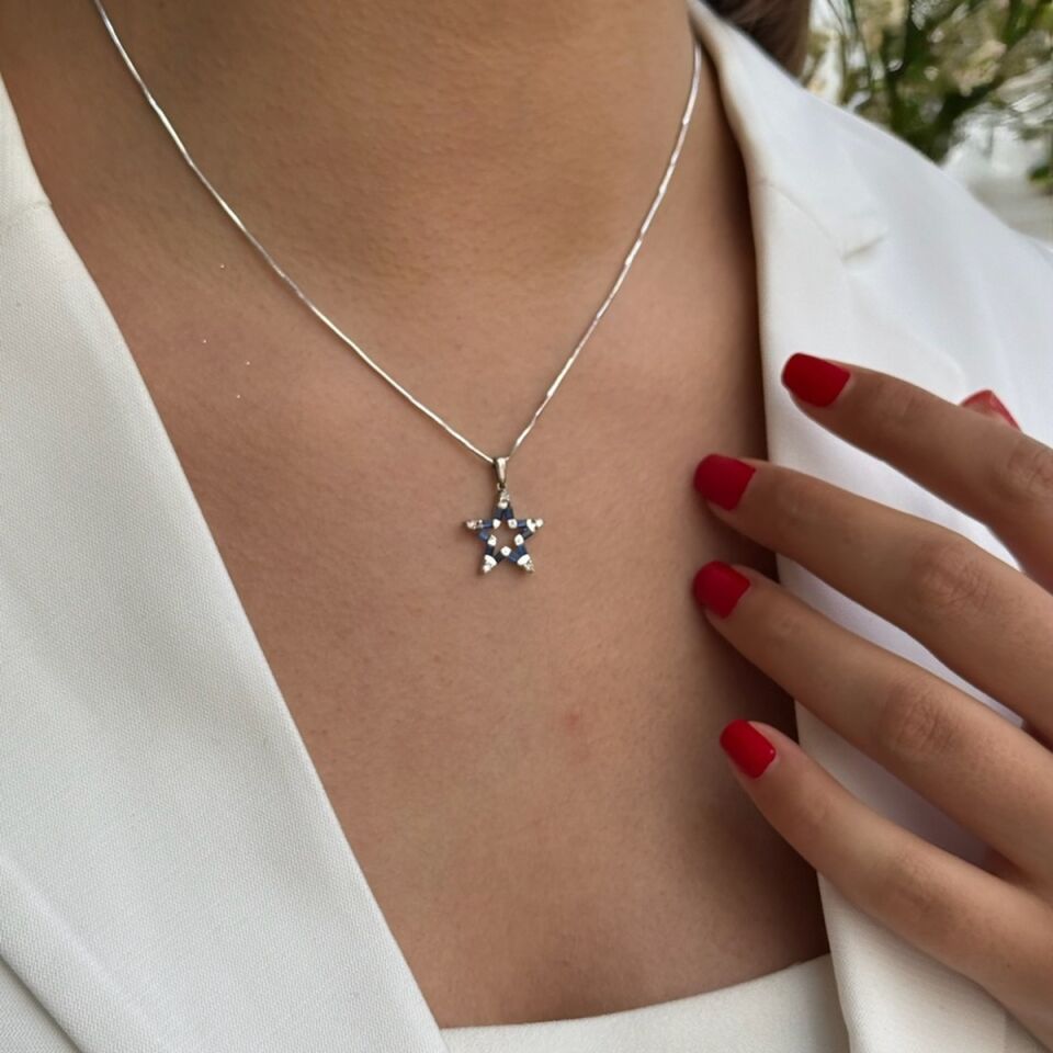 14 AYAR 0,29 CT SAFİR, 0,12 CT PIRLANTA TAŞLI ÖZEL TASARIM YILDIZ KOLYE