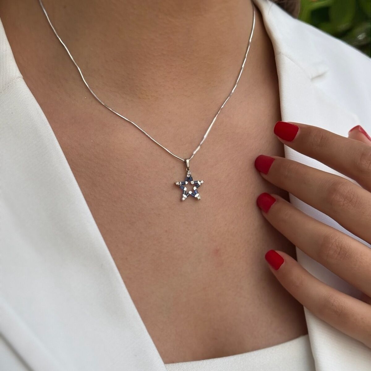 14 AYAR 0,29 CT SAFİR, 0,12 CT PIRLANTA TAŞLI ÖZEL TASARIM YILDIZ KOLYE