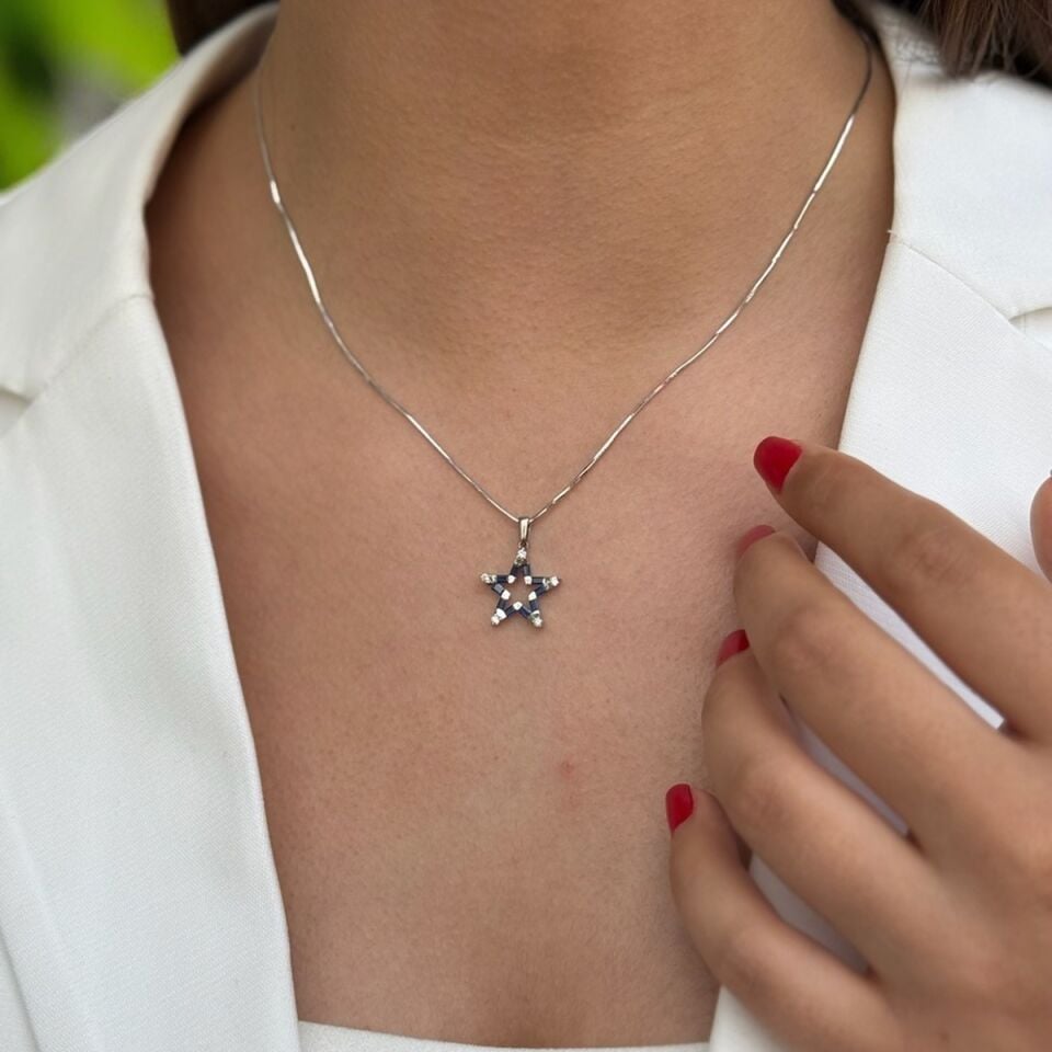 14 AYAR 0,29 CT SAFİR, 0,12 CT PIRLANTA TAŞLI ÖZEL TASARIM YILDIZ KOLYE