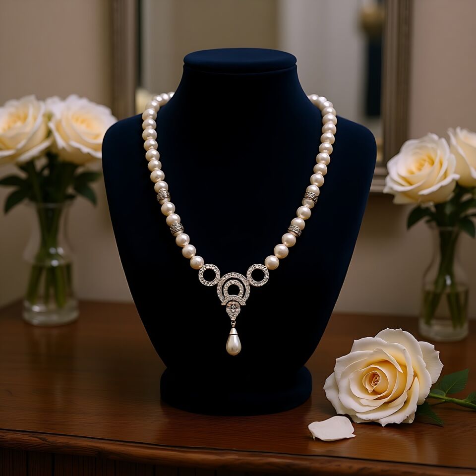 925 AYAR ÖZEL TASARIM ORJİNAL İNCİLİ GÜMÜŞ GERDANLIK KOLYE