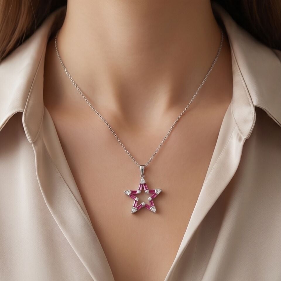 14 AYAR 0,12 CT PIRLANTA TAŞLI 0,37 CT FUŞYA RUBY TAŞLI ALTIN KOLYE