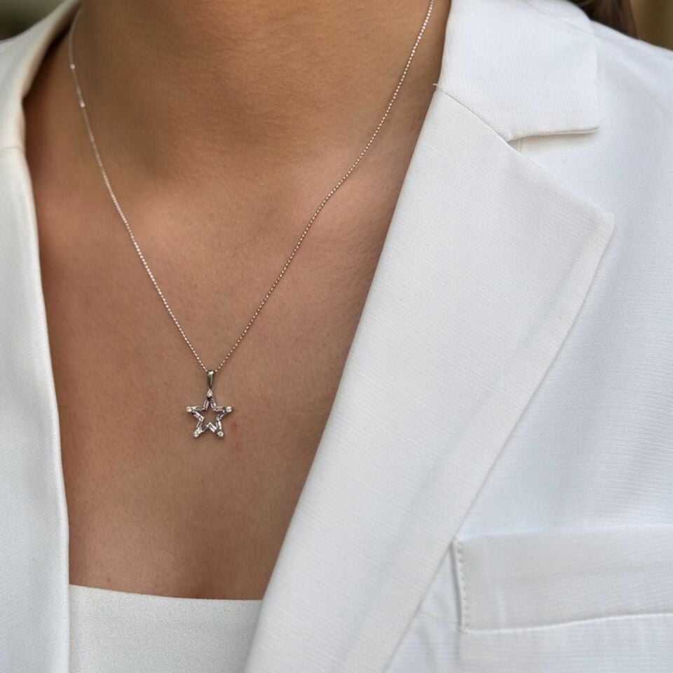 14 AYAR 0,61 CT PİNK KUVARS , 0,12 CT PIRLANTA TAŞLI ÖZEL TASARIM YILDIZ KOLYE