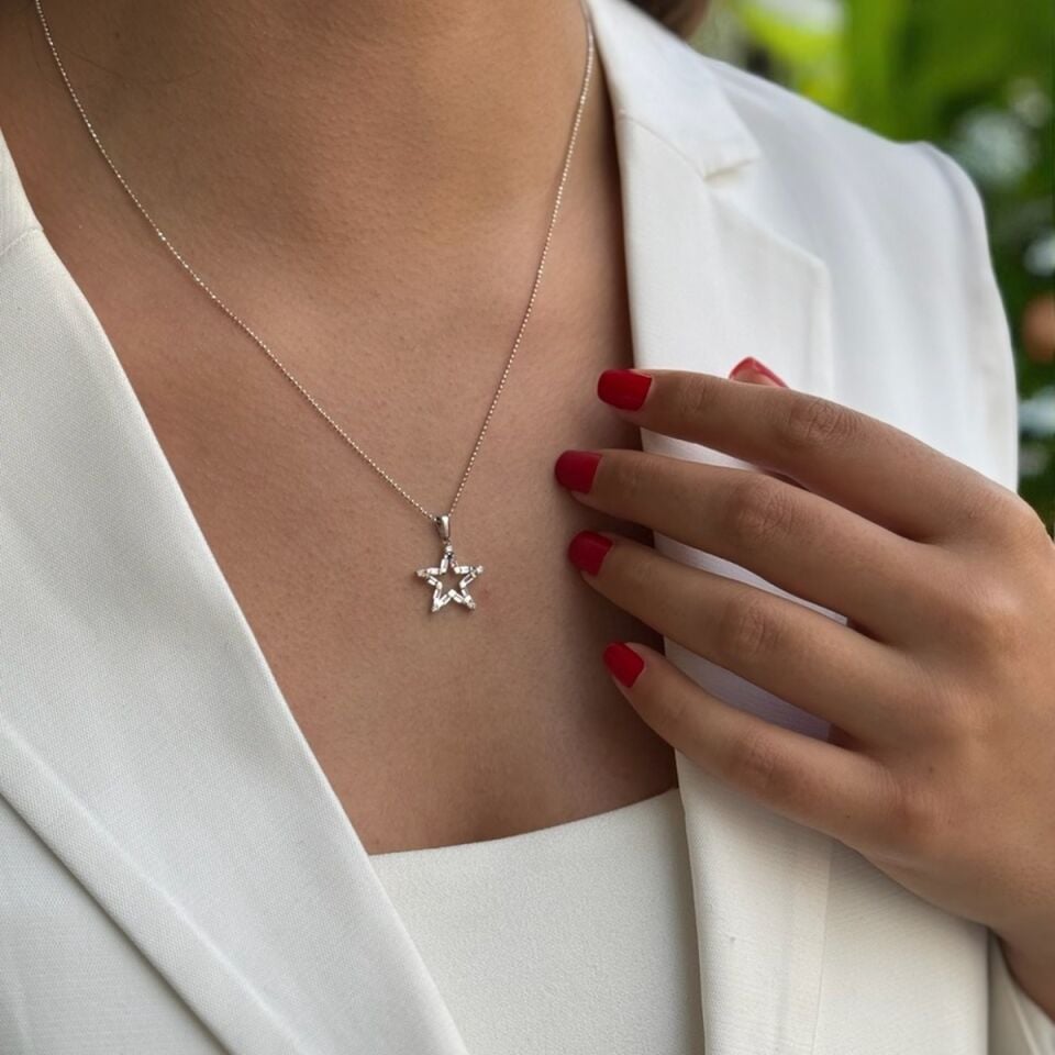 14 AYAR 0,61 CT PİNK KUVARS , 0,12 CT PIRLANTA TAŞLI ÖZEL TASARIM YILDIZ KOLYE