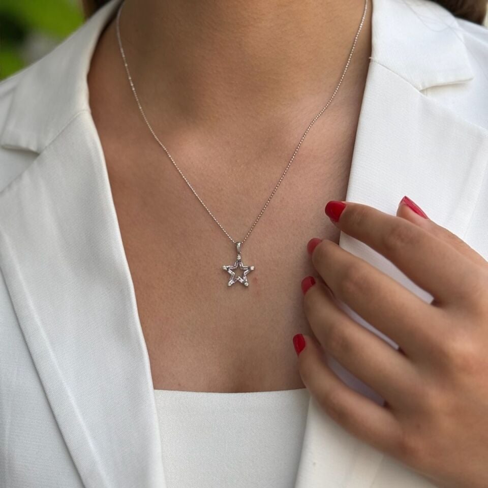 14 AYAR 0,61 CT PİNK KUVARS , 0,12 CT PIRLANTA TAŞLI ÖZEL TASARIM YILDIZ KOLYE