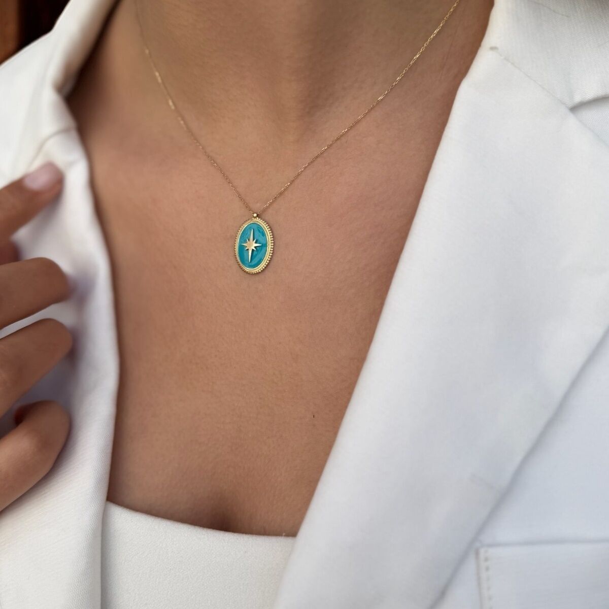 14 AYAR TURKUAZ MİNELİ KUTUP YILDIZI ALTIN KOLYE