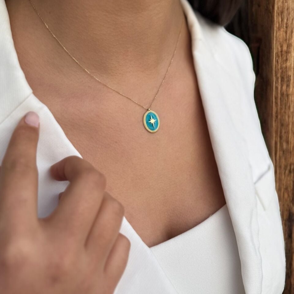 14 AYAR TURKUAZ MİNELİ KUTUP YILDIZI ALTIN KOLYE