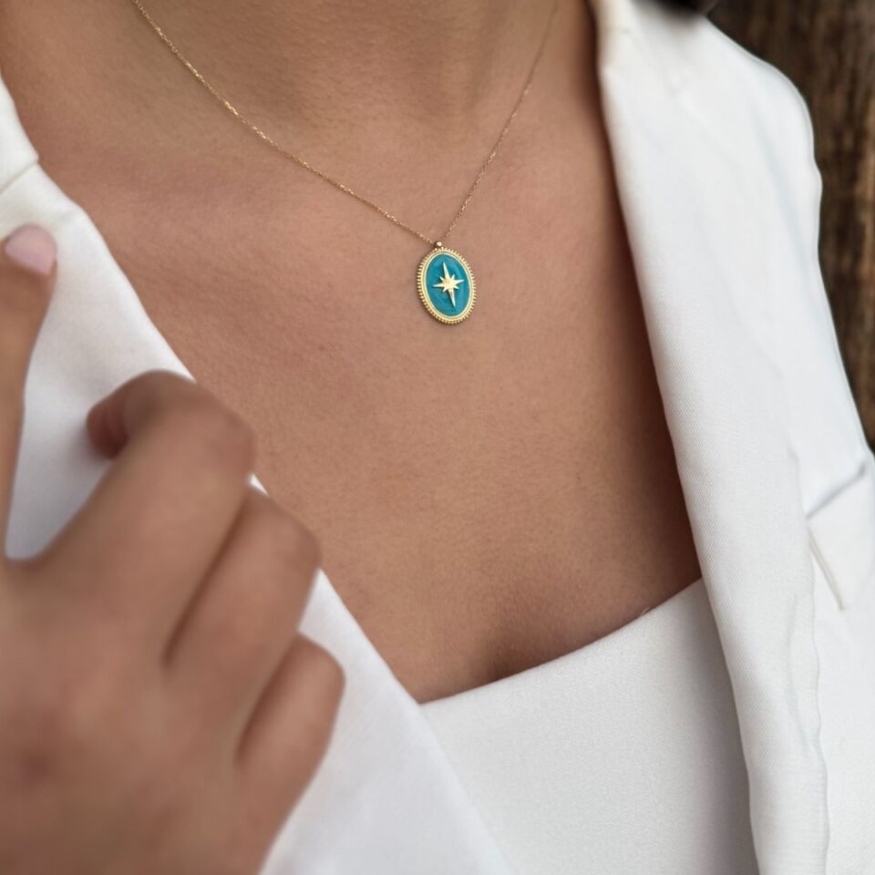 14 AYAR TURKUAZ MİNELİ KUTUP YILDIZI ALTIN KOLYE