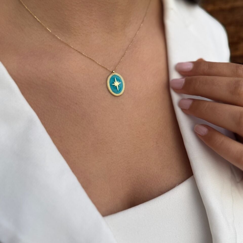 14 AYAR TURKUAZ MİNELİ KUTUP YILDIZI ALTIN KOLYE