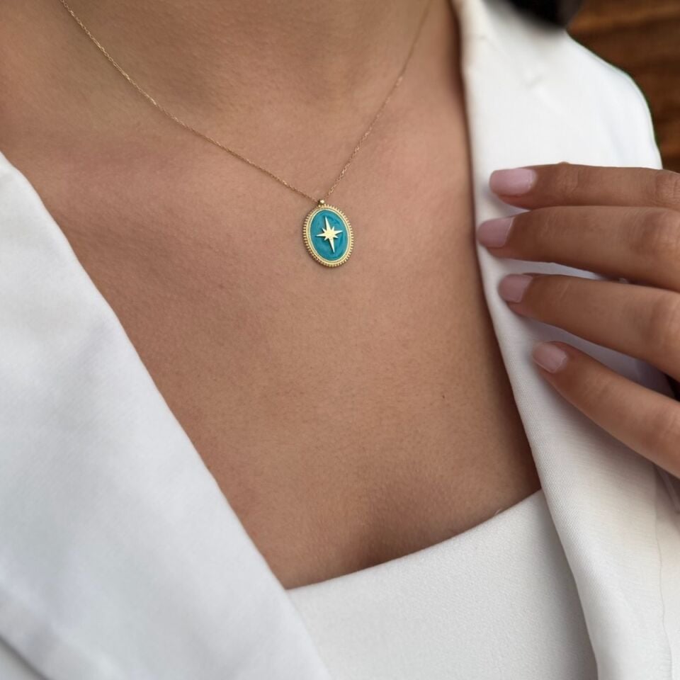 14 AYAR TURKUAZ MİNELİ KUTUP YILDIZI ALTIN KOLYE