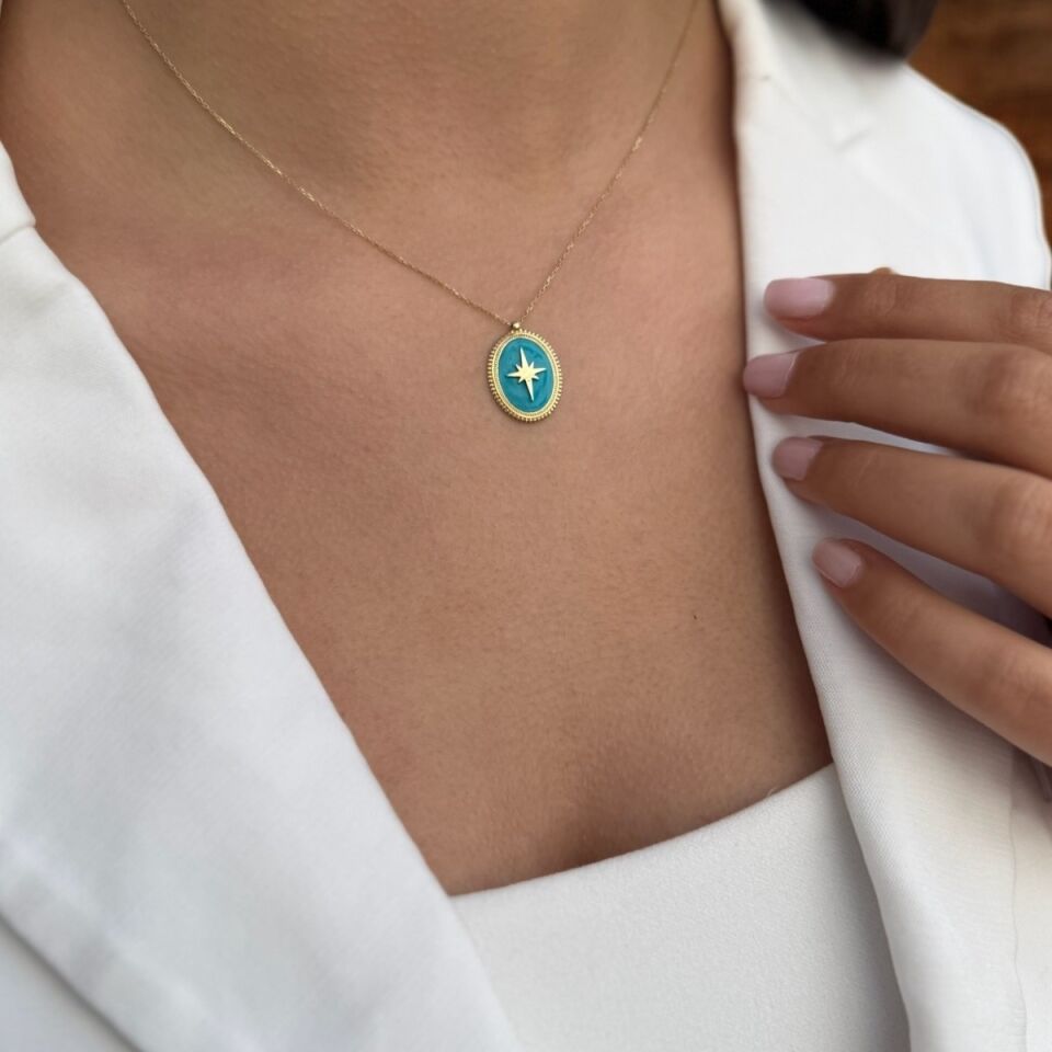 14 AYAR TURKUAZ MİNELİ KUTUP YILDIZI ALTIN KOLYE