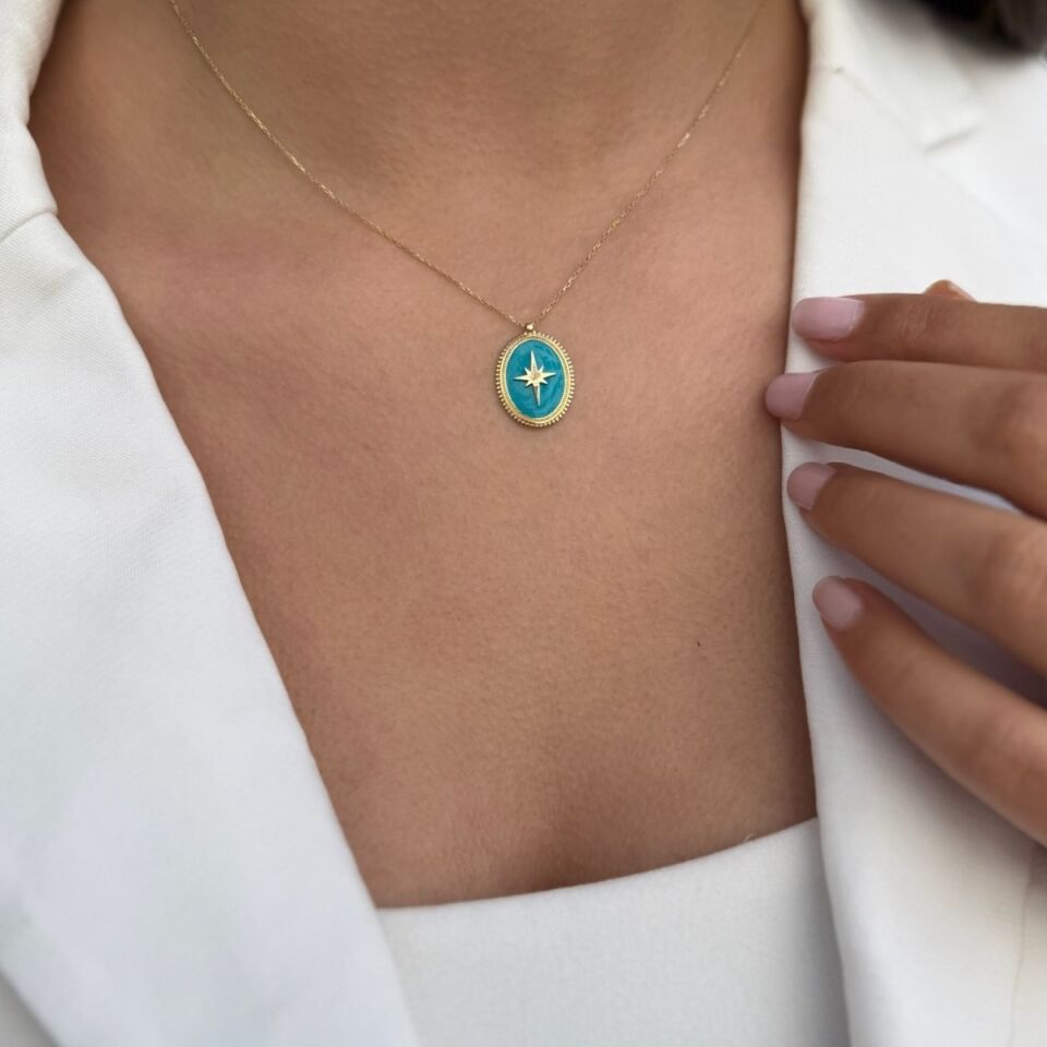 14 AYAR TURKUAZ MİNELİ KUTUP YILDIZI ALTIN KOLYE