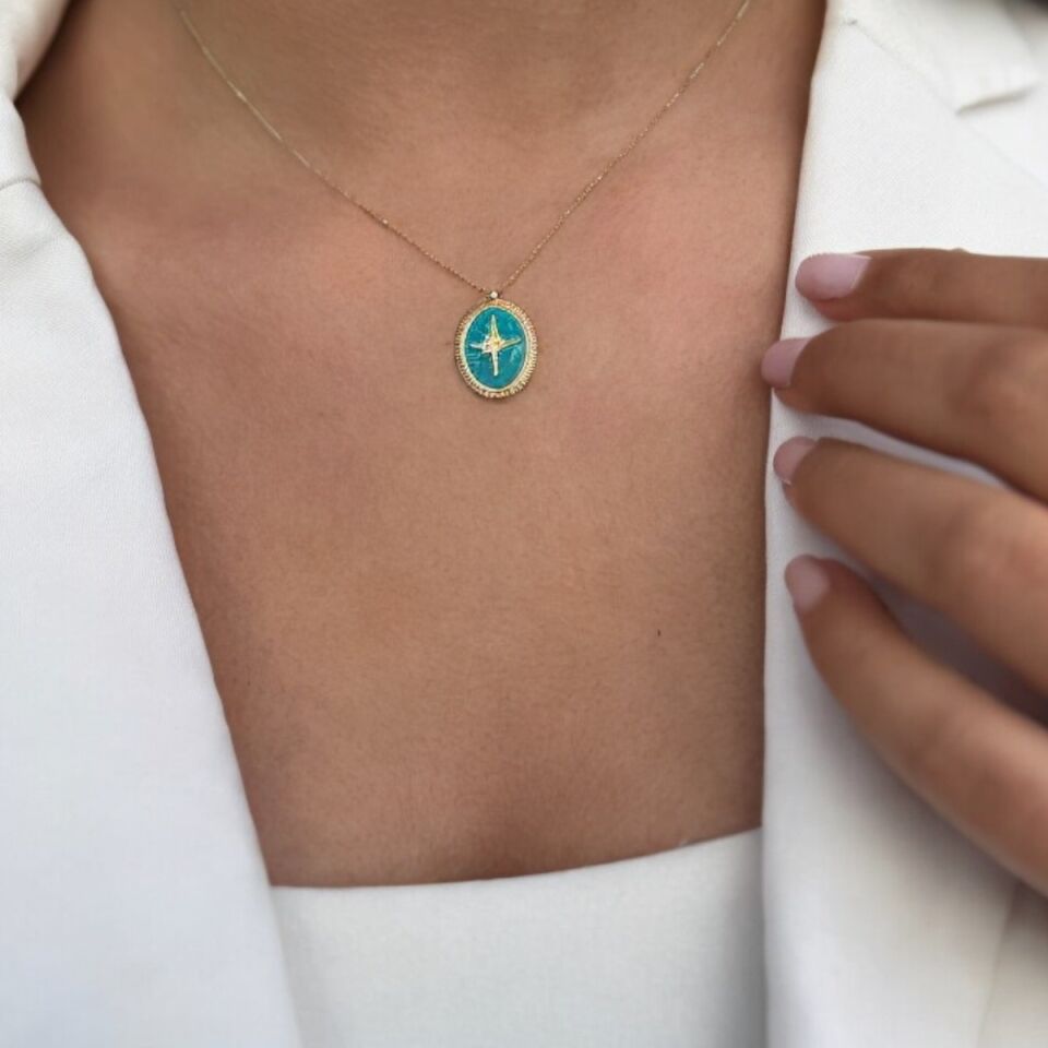 14 AYAR TURKUAZ MİNELİ KUTUP YILDIZI ALTIN KOLYE