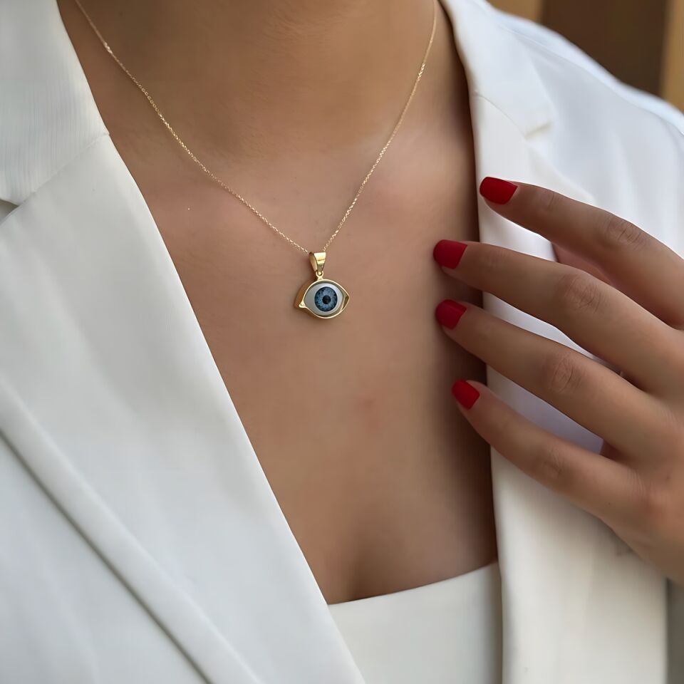 14 AYAR ÖZEL TASARIM MAVİ GÖZ KOLYE